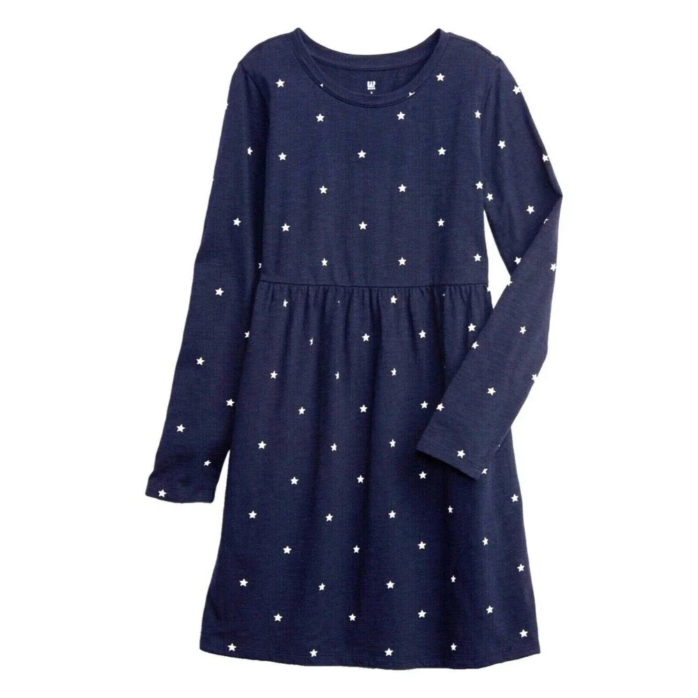 Gap Kids Girls Long Sleeve Cotton Casual School Skater Dress Star Print S 6-7